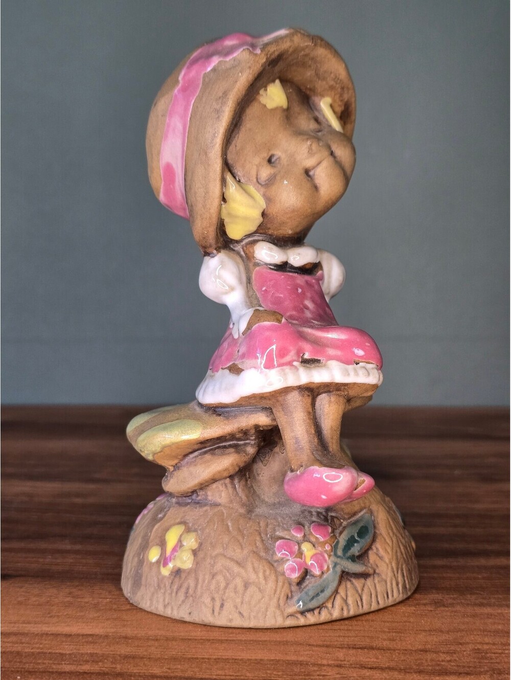 Vintage Ceramic Girl Figurine Sitting on Mushroom Country Decor